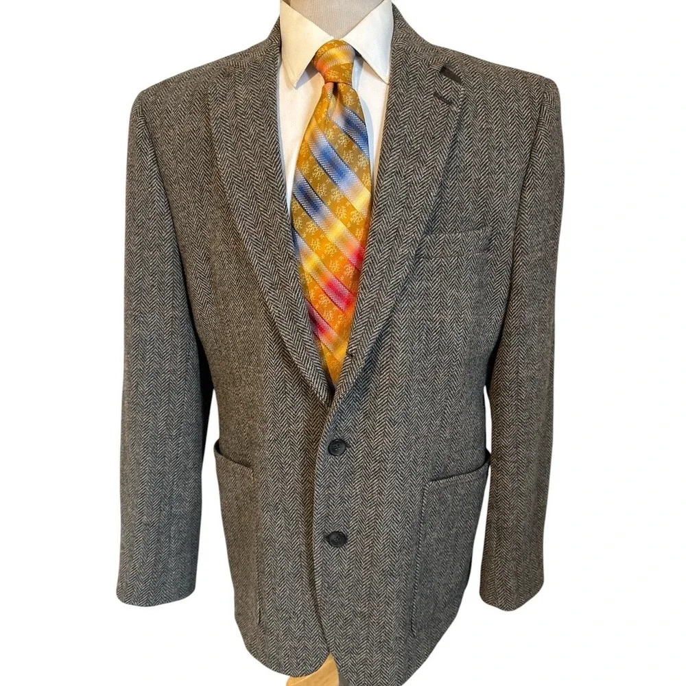 Joe Joseph Abboud Tweed Gray Herringbone Wool Blazer Jacket Sz 44R Elbow Pads